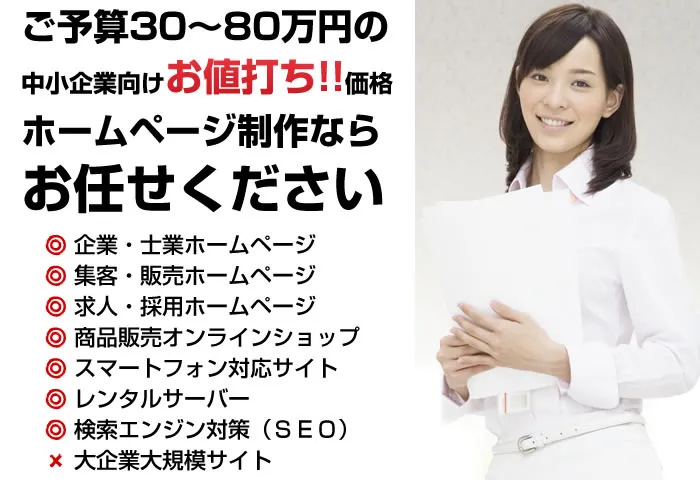 ご予算30～80万円の中小企業向けお値打ち価格ホームページ制作ならお任せください